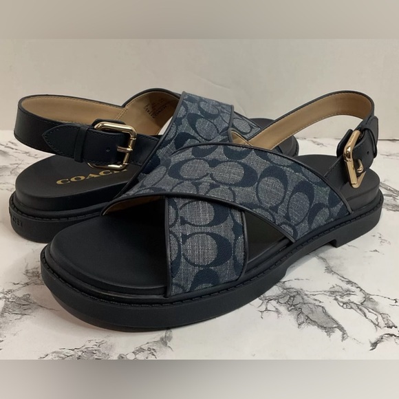 Coach Women Signature Fraser Chambray Sandal Midnight Navy Sz 9 B NWB - Picture 8 of 12